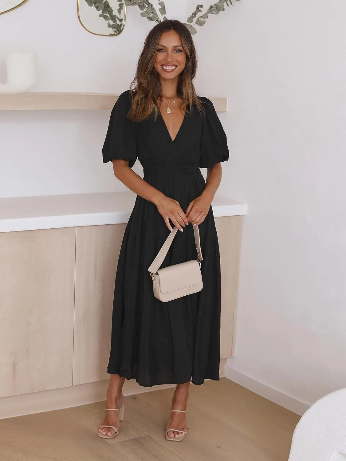 Womens Deep V Neck Puff Short Sleeve Tired Maxi Dress Boho Long Flowy Summer Dresses