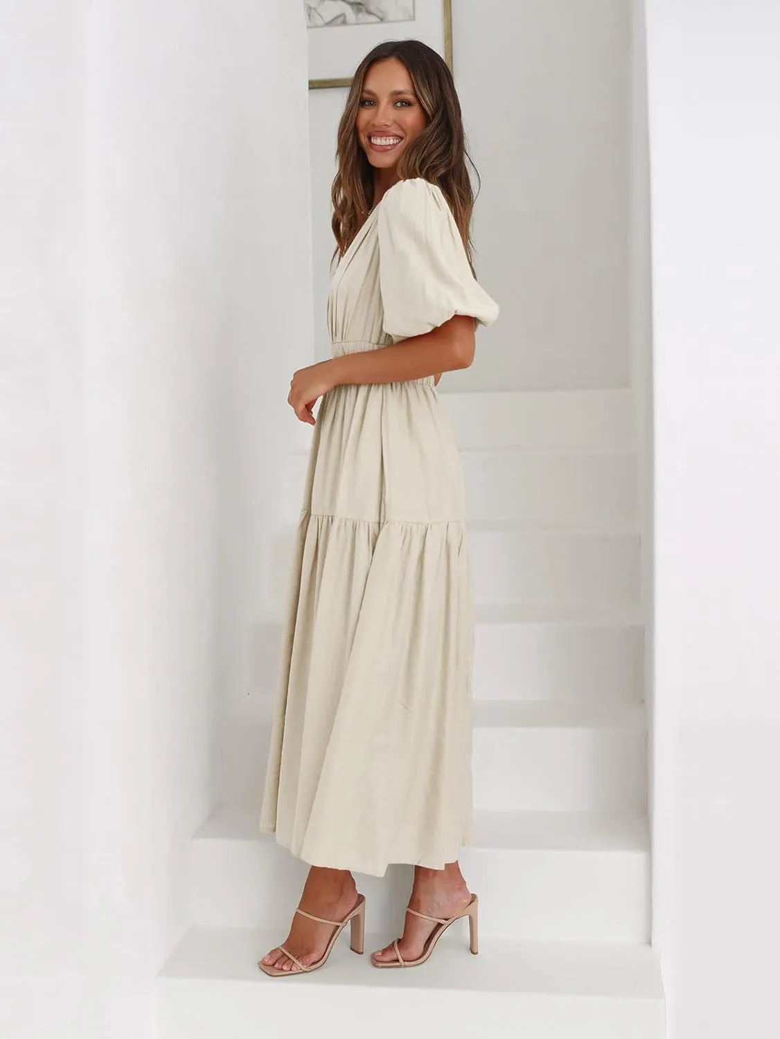 Womens Deep V Neck Puff Short Sleeve Tired Maxi Dress Boho Long Flowy Summer Dresses