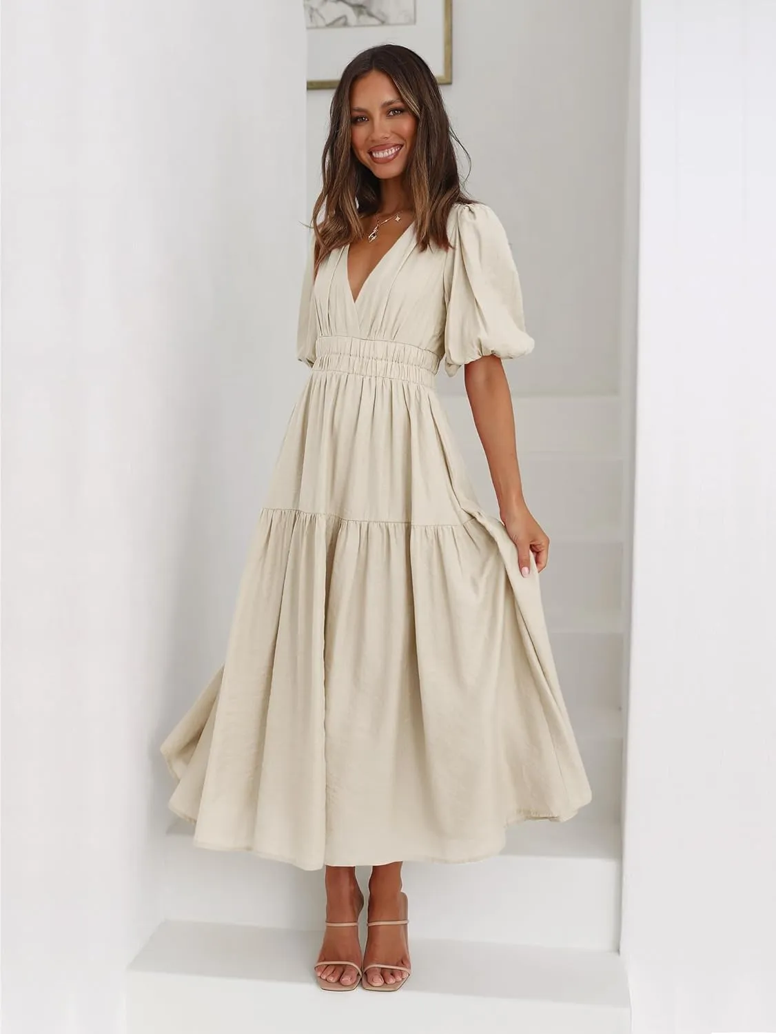 Womens Deep V Neck Puff Short Sleeve Tired Maxi Dress Boho Long Flowy Summer Dresses