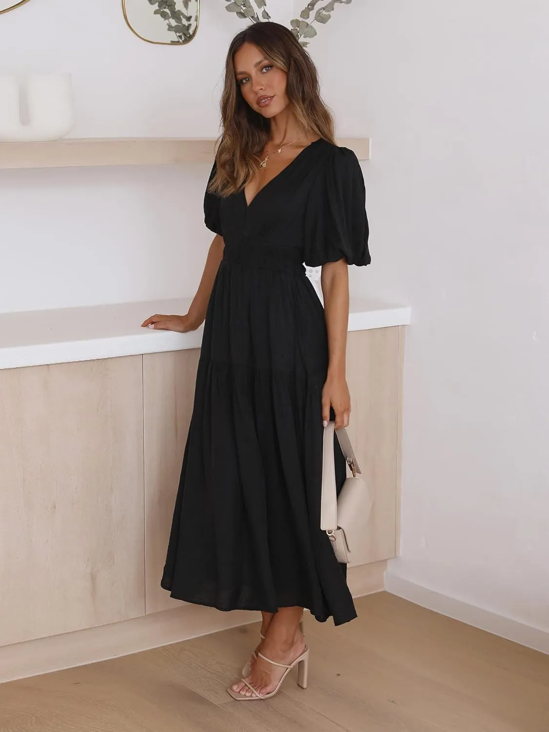 Womens Deep V Neck Puff Short Sleeve Tired Maxi Dress Boho Long Flowy Summer Dresses