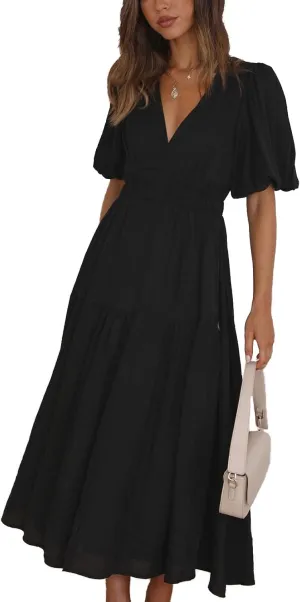 Womens Deep V Neck Puff Short Sleeve Tired Maxi Dress Boho Long Flowy Summer Dresses