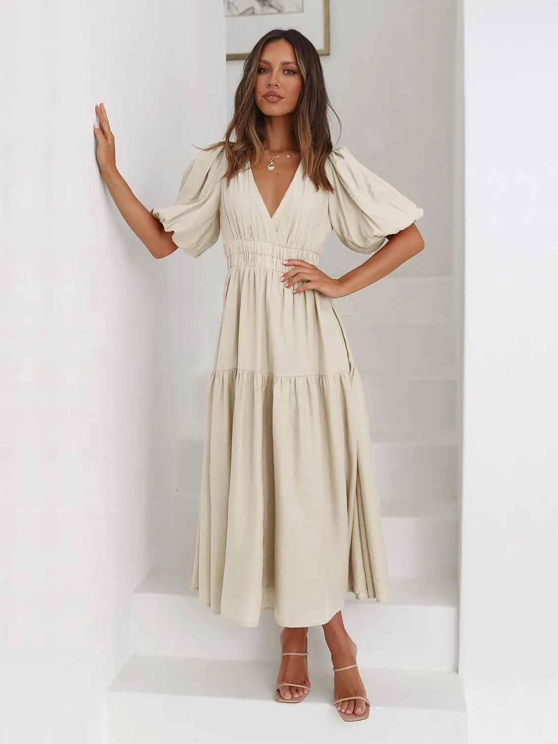 Womens Deep V Neck Puff Short Sleeve Tired Maxi Dress Boho Long Flowy Summer Dresses