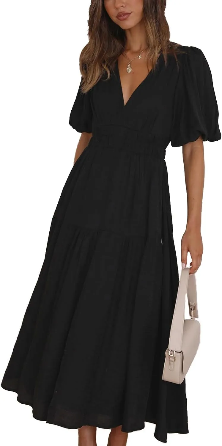 Womens Deep V Neck Puff Short Sleeve Tired Maxi Dress Boho Long Flowy Summer Dresses