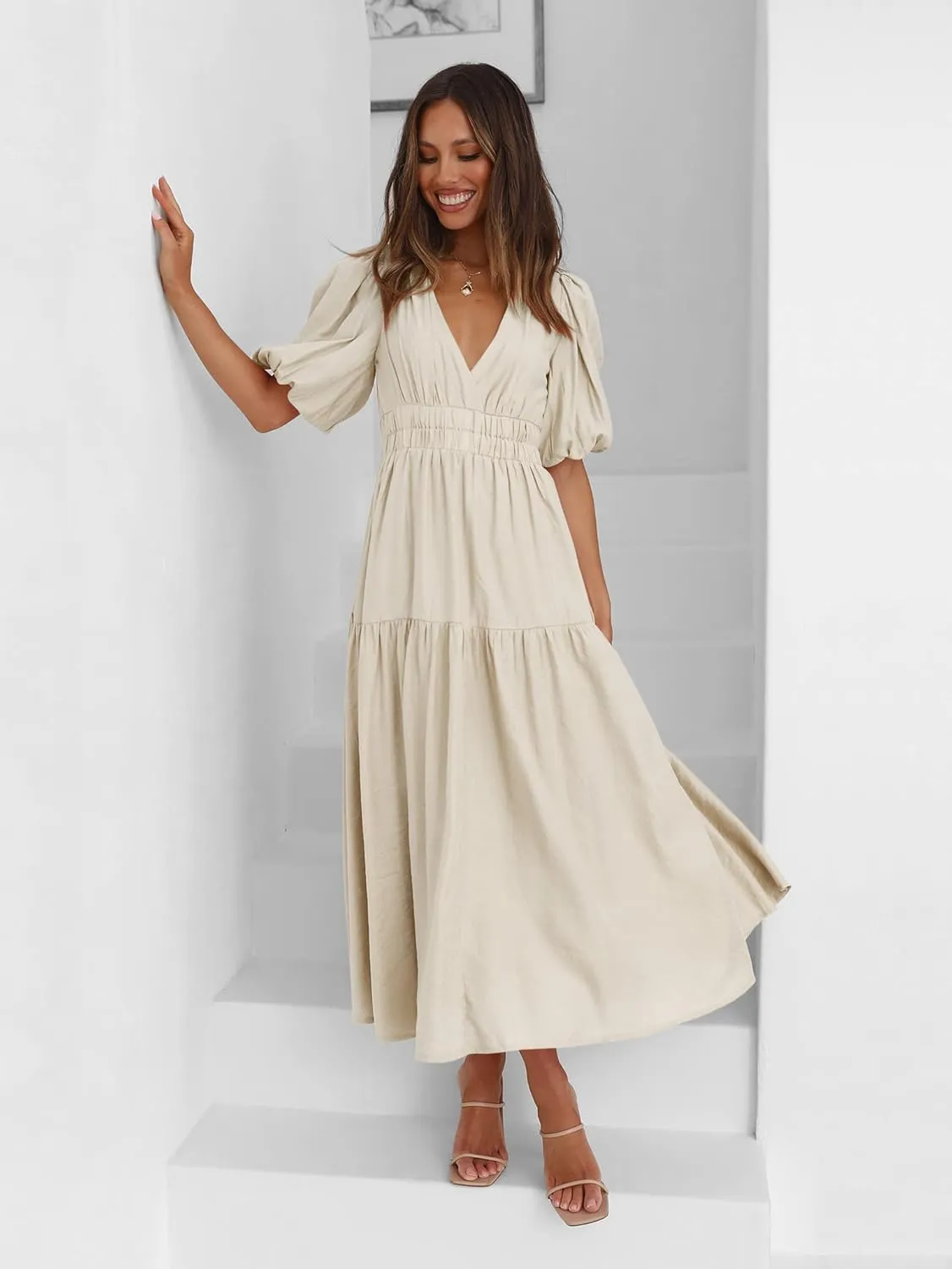 Womens Deep V Neck Puff Short Sleeve Tired Maxi Dress Boho Long Flowy Summer Dresses