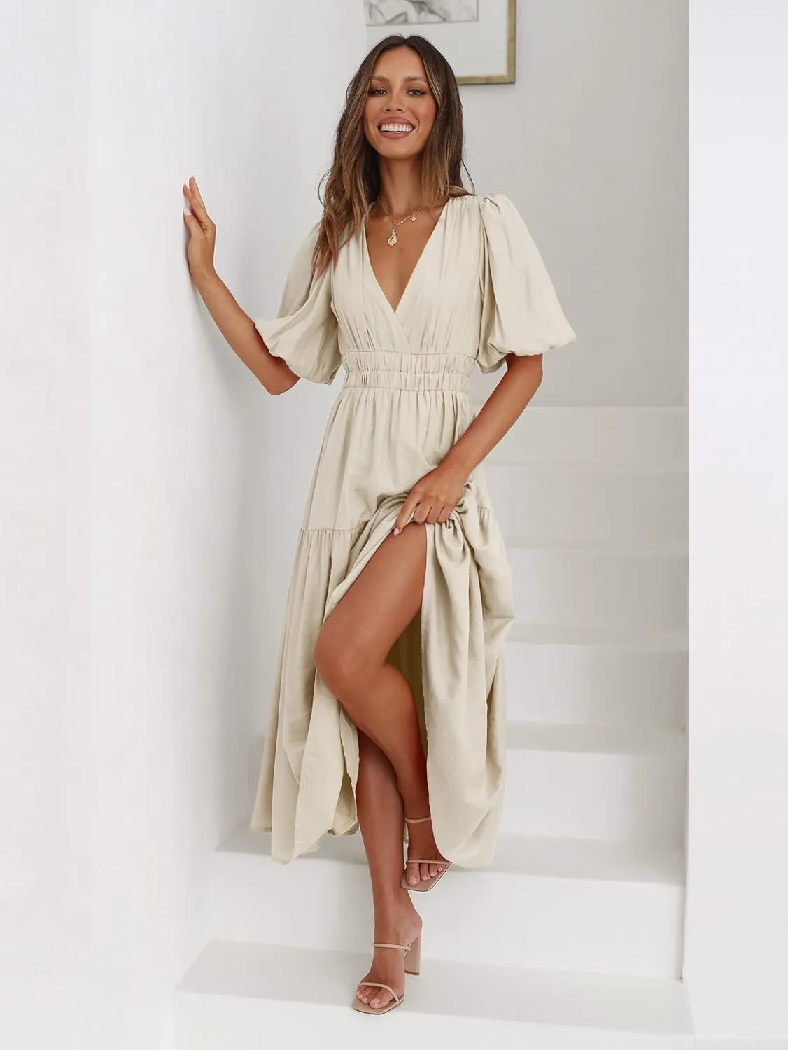 Womens Deep V Neck Puff Short Sleeve Tired Maxi Dress Boho Long Flowy Summer Dresses
