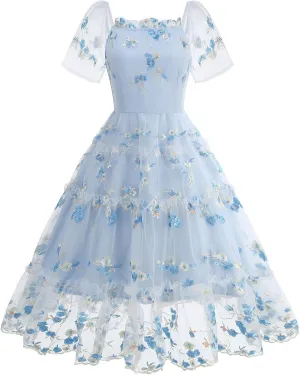 Womens Elegant Tiered Tulle Embroidered Dresses Homecoming Tea Party A-Line Vintage Square Neck Floral Dress