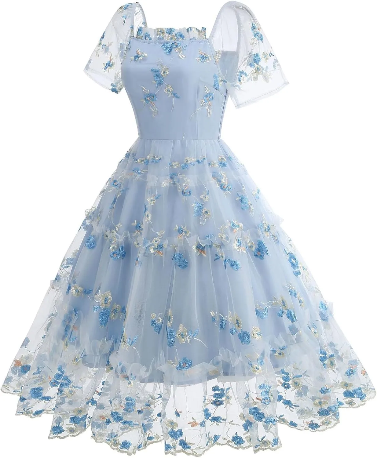 Womens Elegant Tiered Tulle Embroidered Dresses Homecoming Tea Party A-Line Vintage Square Neck Floral Dress