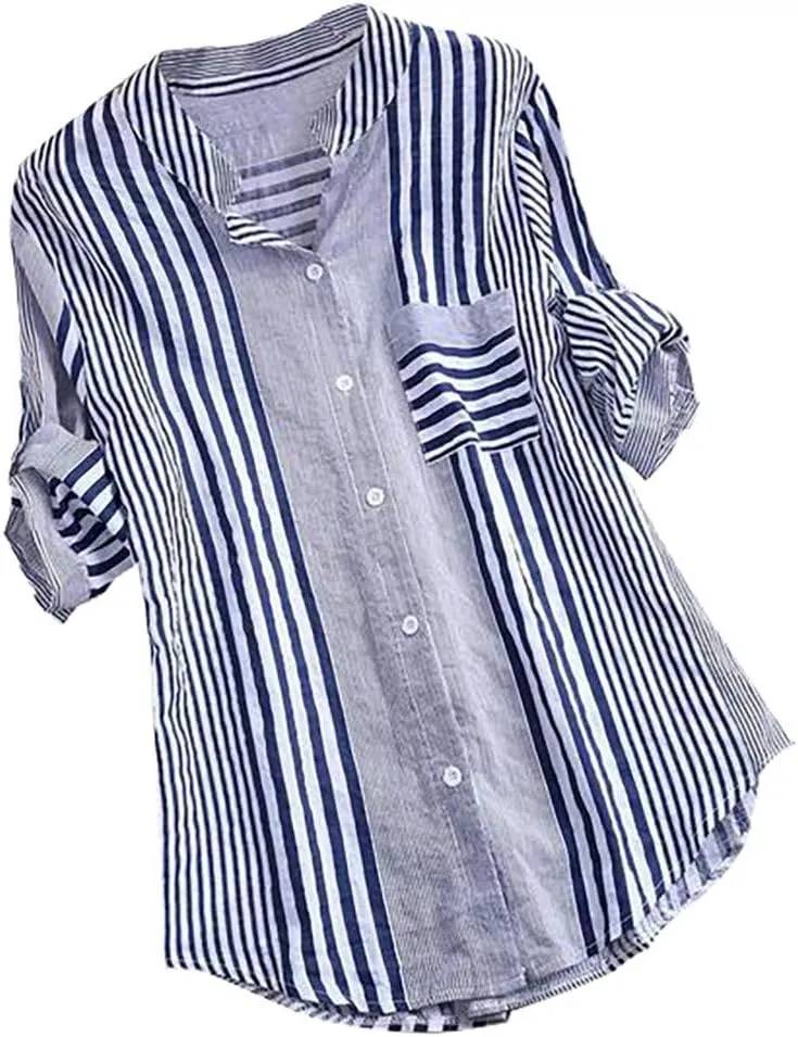 Women's Linen Tshirt Tops Loose Fit Vintage Striped Button Down Shirts V-Neck Tunics 3/4 Sleeve Blouse with Pockets