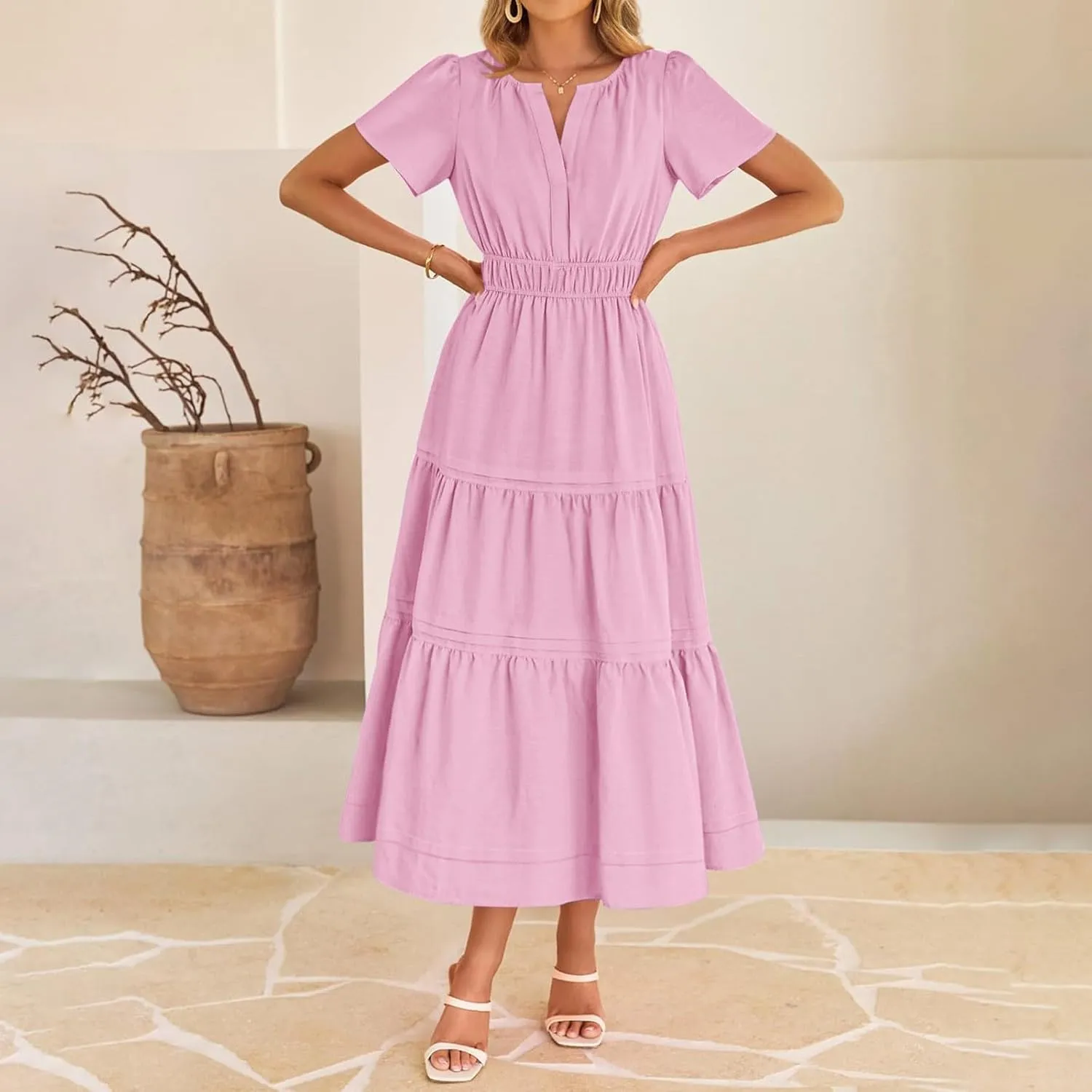 Women's Midi Dresses 2025 Summer Casual Short Sleeve V Neck Elastic Waist Elegant Boho Flowy Long Dress with Pocket