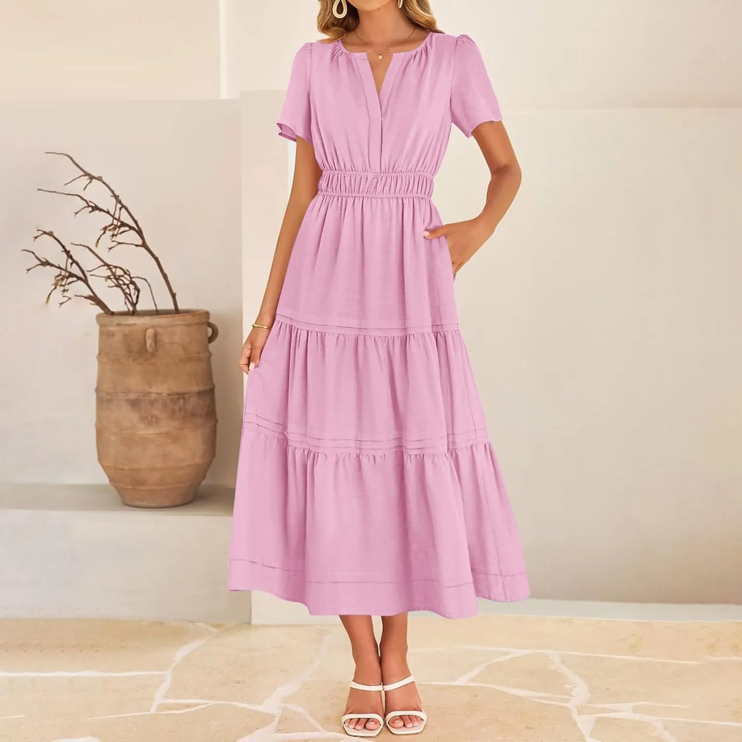 Women's Midi Dresses 2025 Summer Casual Short Sleeve V Neck Elastic Waist Elegant Boho Flowy Long Dress with Pocket