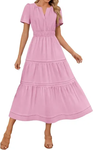 Women's Midi Dresses 2025 Summer Casual Short Sleeve V Neck Elastic Waist Elegant Boho Flowy Long Dress with Pocket