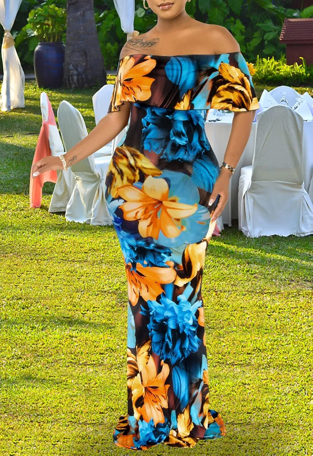 Women's Off Shoulder Maxi Dress Sexy Hawaiian Floral Long Party Dresses
