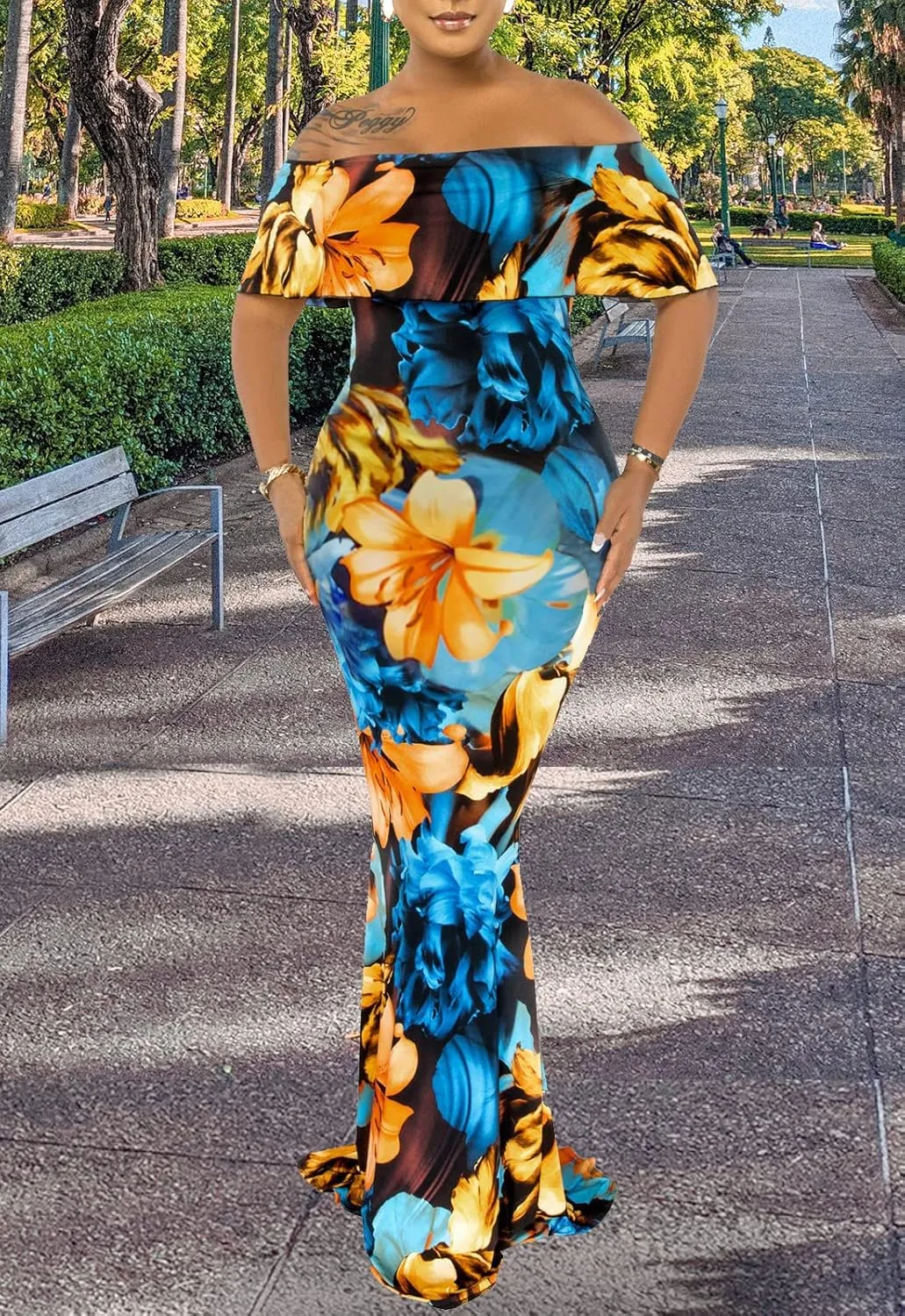 Women's Off Shoulder Maxi Dress Sexy Hawaiian Floral Long Party Dresses
