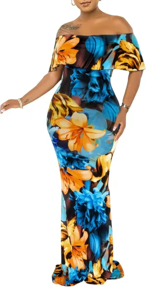 Women's Off Shoulder Maxi Dress Sexy Hawaiian Floral Long Party Dresses