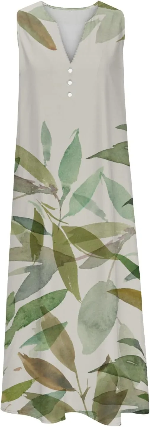 Women's Summer Design Casual Dress Sleeveless V-Neck Dress with Pockets Loose Flowy Swing Pleated Long Beach Dress
