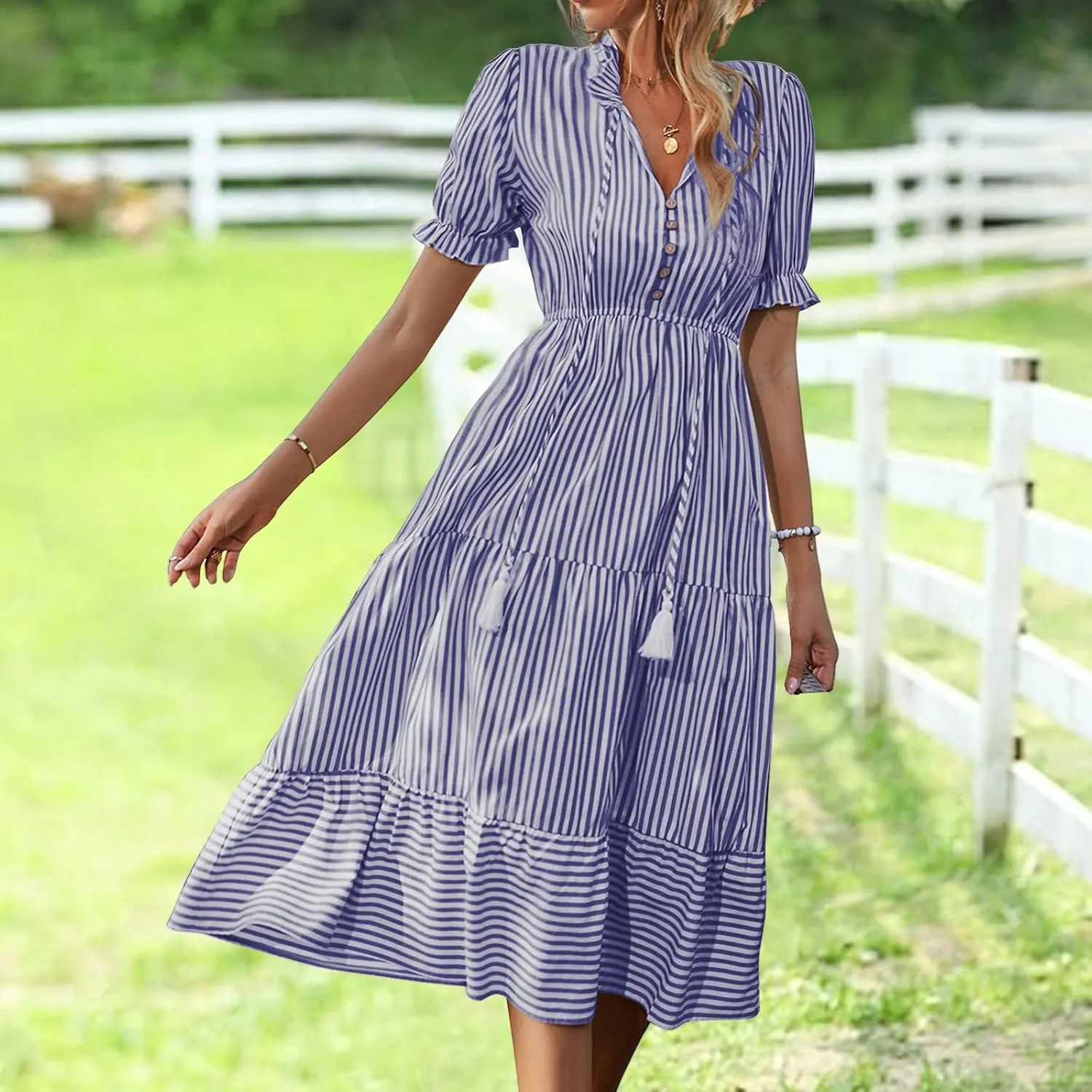 Womens Summer Striped Dress, Puff Sleeve, Button V Neck High Waist, Ruffled Loose Swing, Maxi Casual Shirt