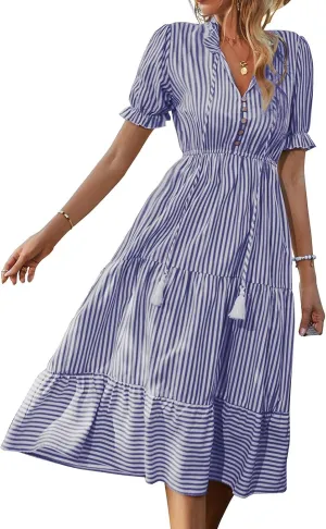 Womens Summer Striped Dress, Puff Sleeve, Button V Neck High Waist, Ruffled Loose Swing, Maxi Casual Shirt