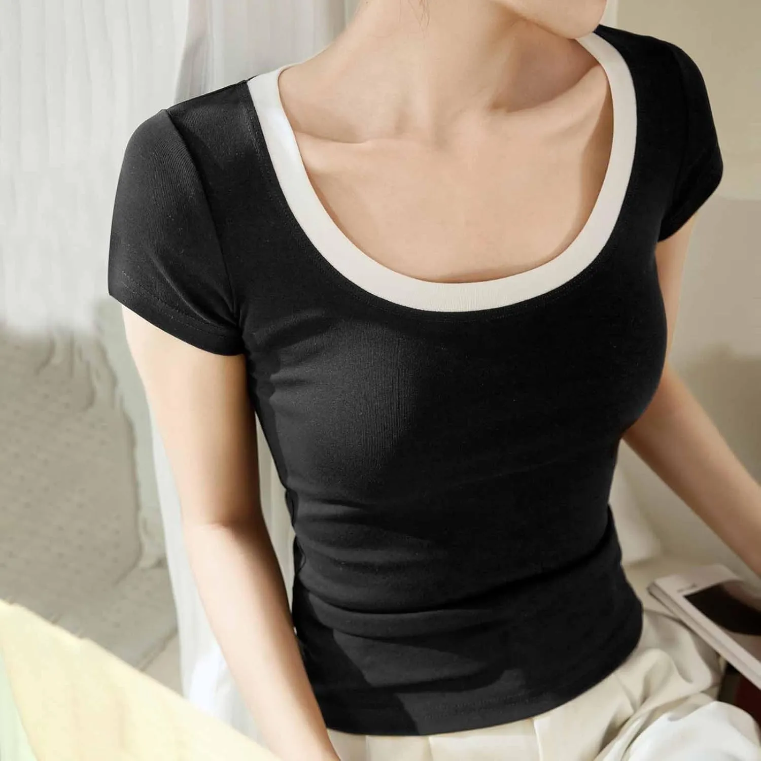 Womens Summer Versatile Tops Casual Slim Comfy Home T-Shirts Cap Sleeves Round Neck Solid Color Tee Shirts 2025