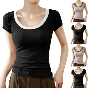 Womens Summer Versatile Tops Casual Slim Comfy Home T-Shirts Cap Sleeves Round Neck Solid Color Tee Shirts 2025