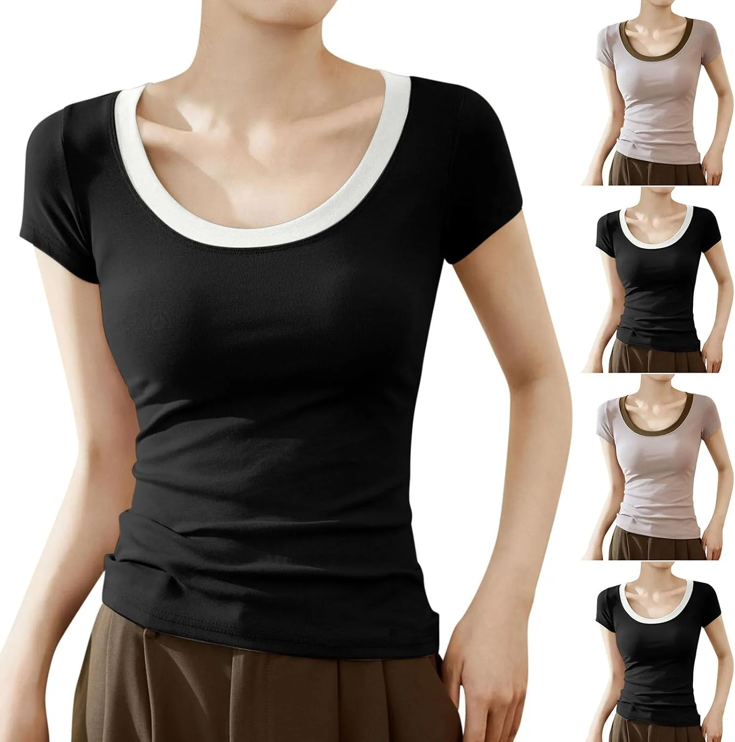 Womens Summer Versatile Tops Casual Slim Comfy Home T-Shirts Cap Sleeves Round Neck Solid Color Tee Shirts 2025