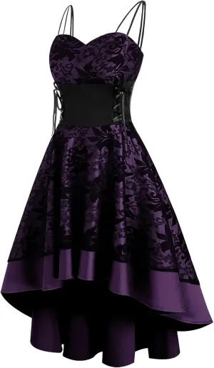 Women’s Vintage Steampunk Dress Spaghetti Strap Bandage Dresses Floral Lace High Low Dress Lolita Halloween Costumes