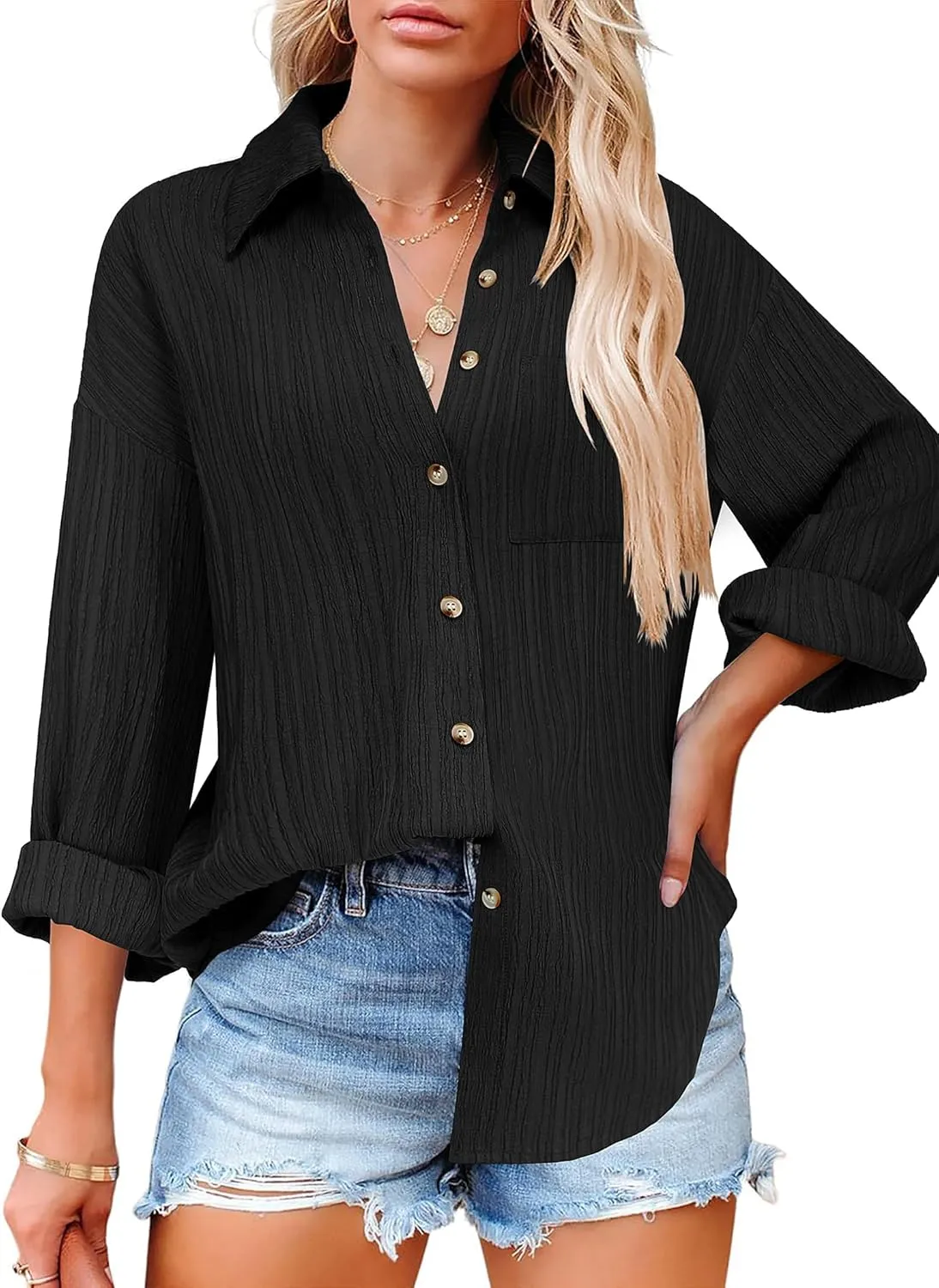 Zeagoo Womens Button Down Shirts Casual Long Sleeve Blouses V Neck Dress Shirt Textured Collared Work Tops with Pocket