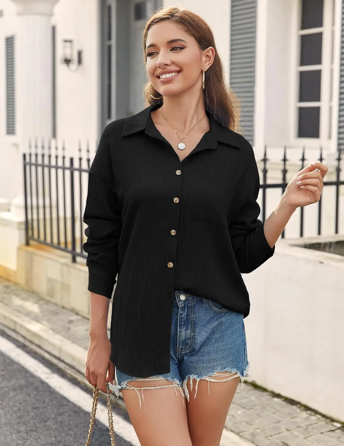 Zeagoo Womens Button Down Shirts Casual Long Sleeve Blouses V Neck Dress Shirt Textured Collared Work Tops with Pocket