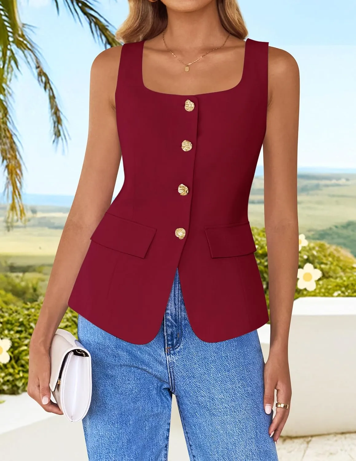 ZESICA Women's 2025 Summer Casual Sleeveless Suit Vest Square Neck Button Down Work Business Blazer Vests Waistcoat