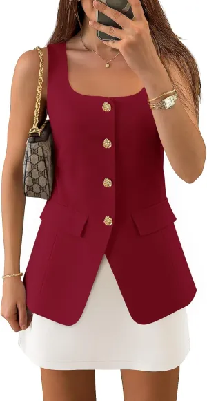 ZESICA Women's 2025 Summer Casual Sleeveless Suit Vest Square Neck Button Down Work Business Blazer Vests Waistcoat