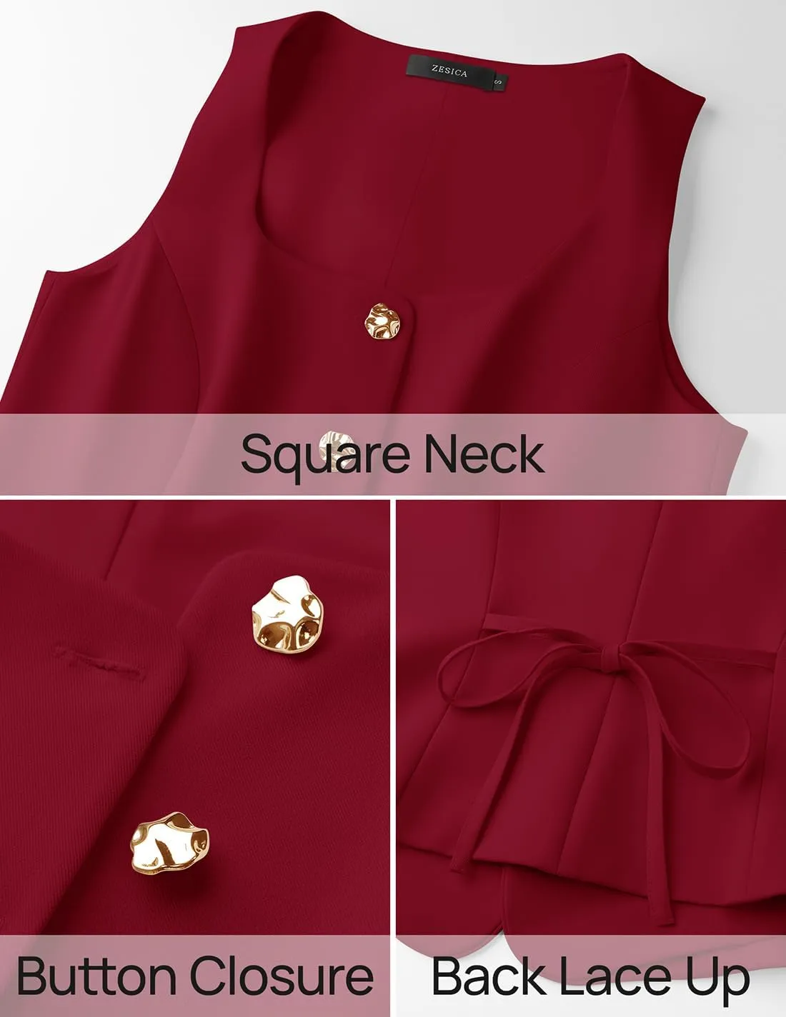 ZESICA Women's 2025 Summer Casual Sleeveless Suit Vest Square Neck Button Down Work Business Blazer Vests Waistcoat