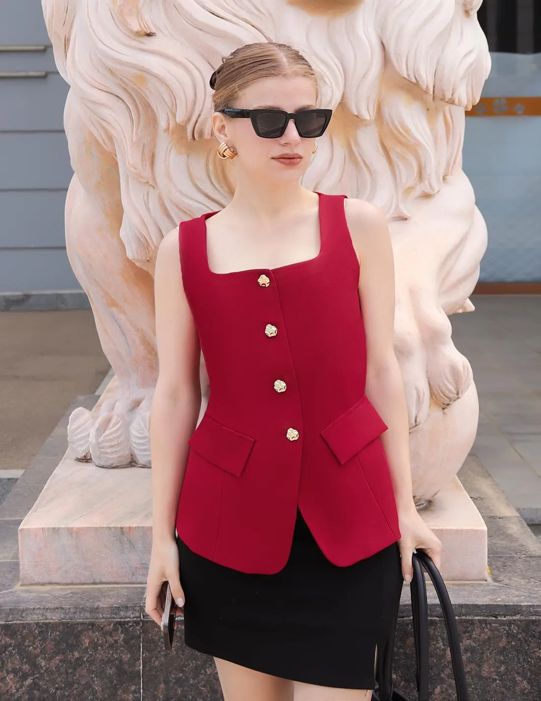 ZESICA Women's 2025 Summer Casual Sleeveless Suit Vest Square Neck Button Down Work Business Blazer Vests Waistcoat